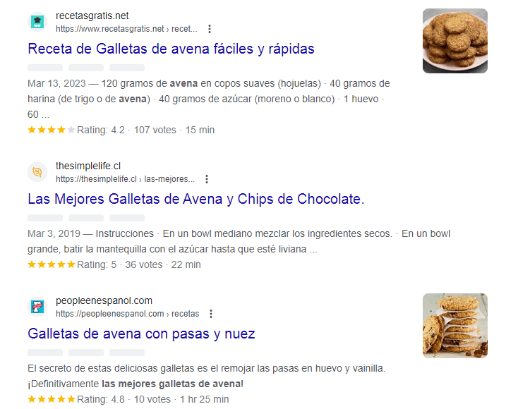 Ejemplo de cómo se ven los títulos de las páginas luego de buscar "mejores recetas galletas avena"